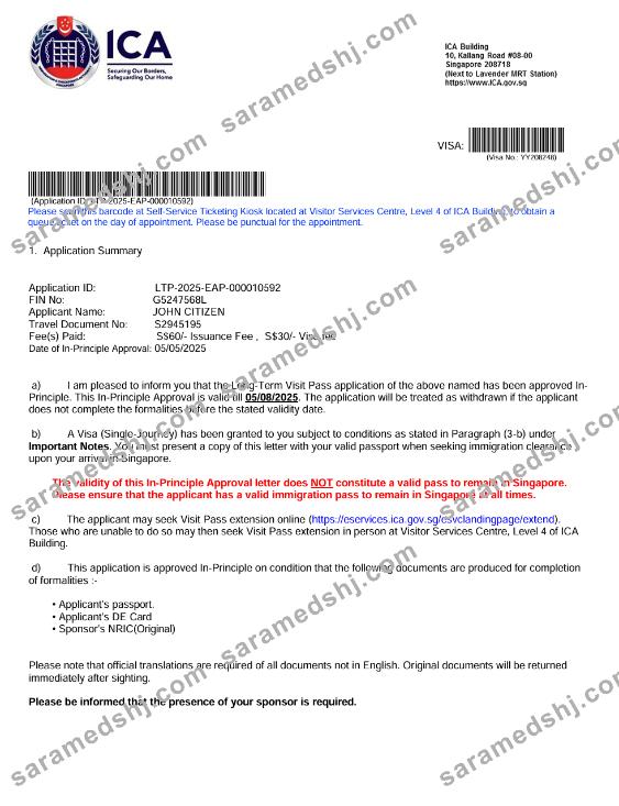 Singapore visa approval letter template in Word and PDF formats